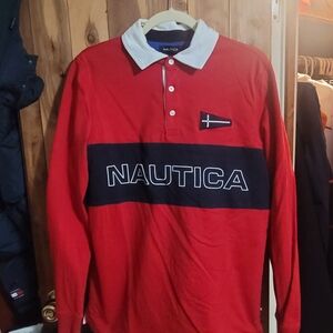 Nautica Men's Red Long-Sleeve Rugby Shirt with Contrast Collar